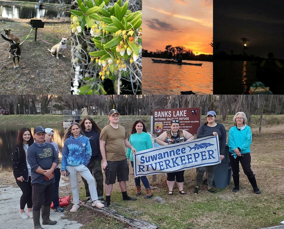 Paddlers, banners, sunset, moonrise