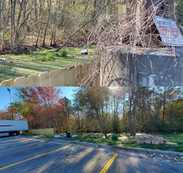 [Trash in water, No Dumping sign, trash where no fence]