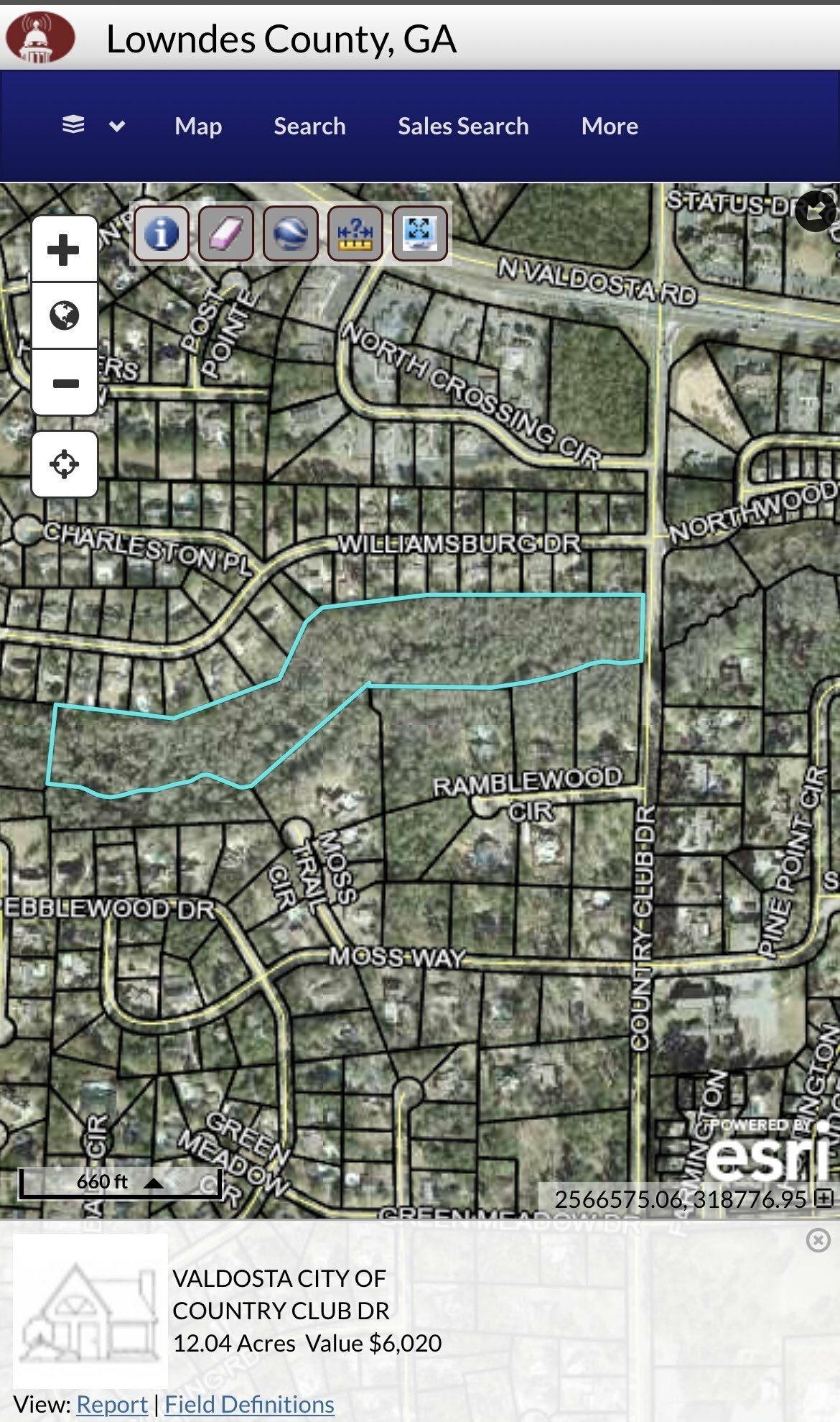 Map: Valdosta Threemile Branch land downstream of Country Club Drive