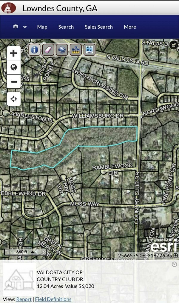 [Map: Valdosta Threemile Branch land downstream of Country Club Drive]