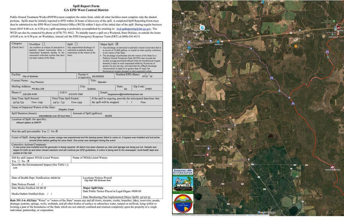 [Map and doc: location of Quitman sewage spill]