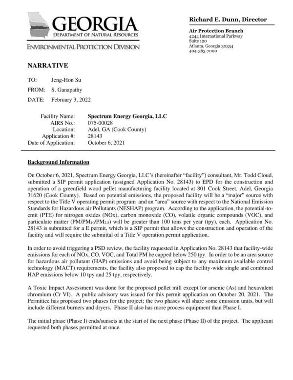 [On October 6, 2021, Spectrum Energy Georgia, LLC’s (hereinafter “facility”) consultant, Mr. Todd Cloud,]