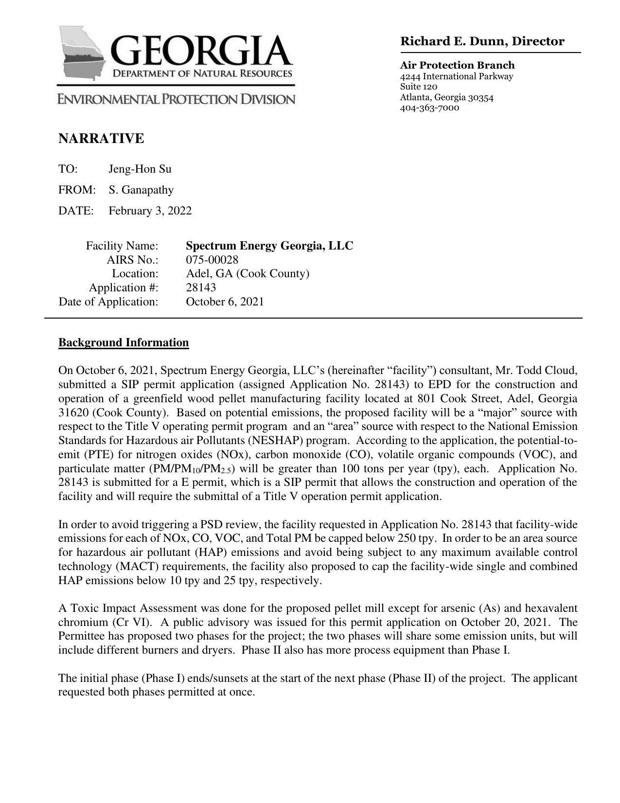 On October 6, 2021, Spectrum Energy Georgia, LLC’s (hereinafter “facility”) consultant, Mr. Todd Cloud,