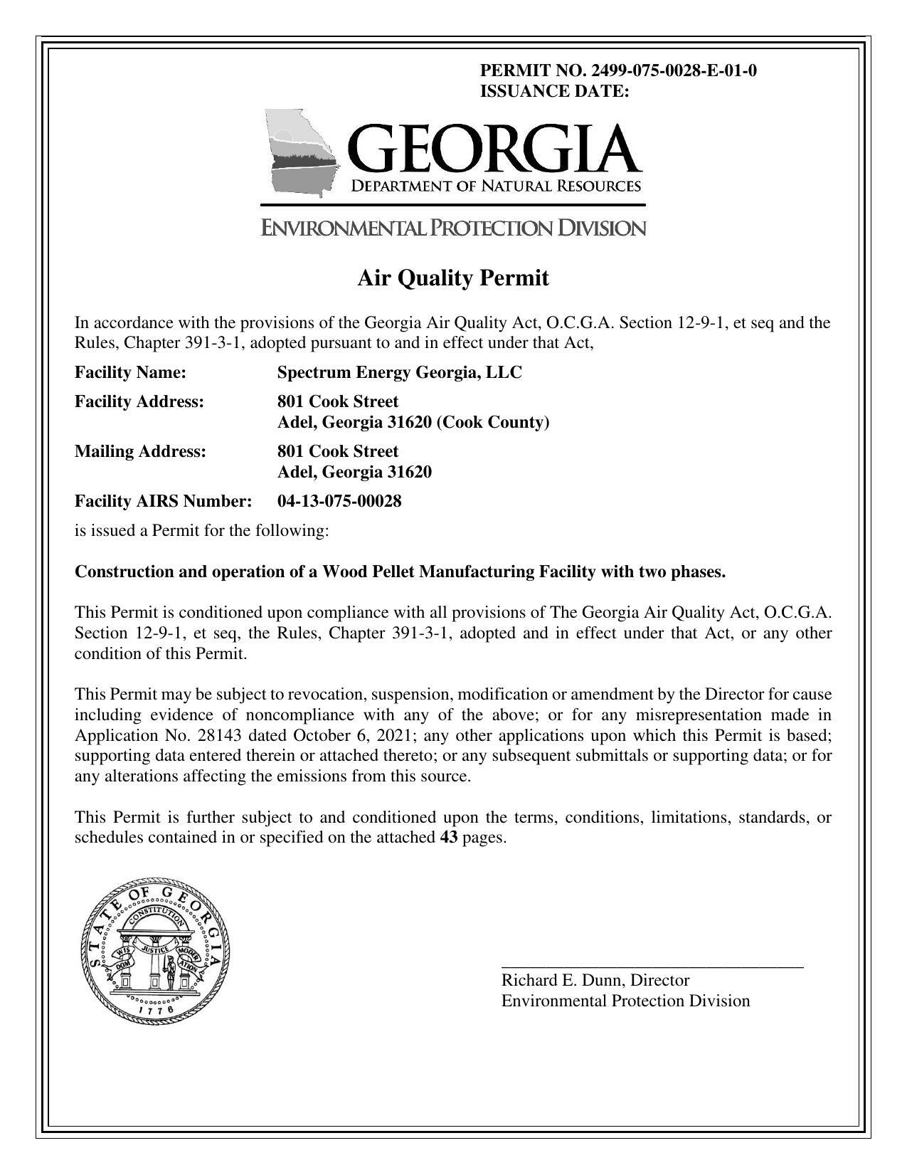 In accordance with the provisions of the Georgia Air Quality Act, O.C.G.A. Section 12-9-1, et seq and the