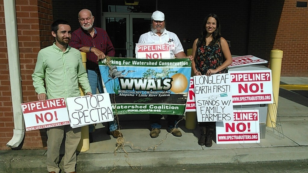 [Michael Porter (LEF), Dave Hetzel (WWALS) 2015-05-28 https://wwals.net/?p=8661 Alton Burns (SpectraBusters), Rachel Walsh (Longleaf Earth First!), in WWALS supporting landowner defendant against Sabal Trail in Moultrie, GA, by John S. Quarterman]