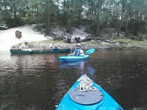 [Bret Wagenhorst, Dave Hetzel, Gretchen Quarterman, at Hotchkiss Road, in Alapaha River Outing, by John S. Quarterman 2014-08-24 https://wwals.net/?p=58172]