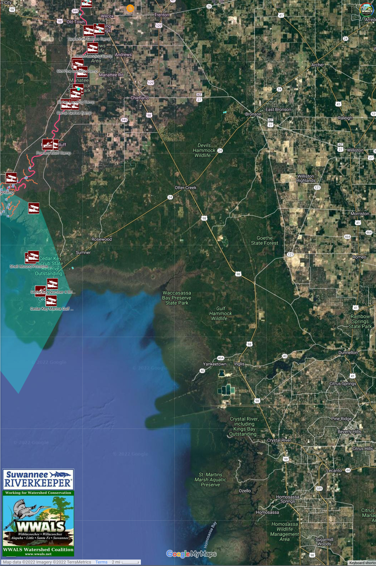 Map: US-19 (US 98) across the Suwannee River in the WWALS map of the Suwannee River Wilderness Trail