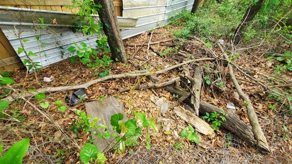 Trash above broken chain link fence, 10:44:25, 30.8544046, -83.2663414