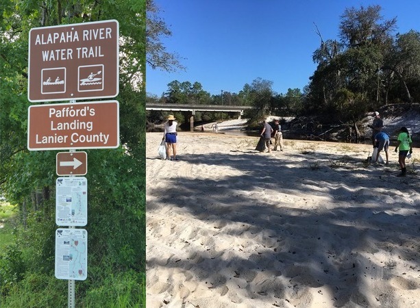 [Pafford's Landing ARWT signs, beach with view of bridge]