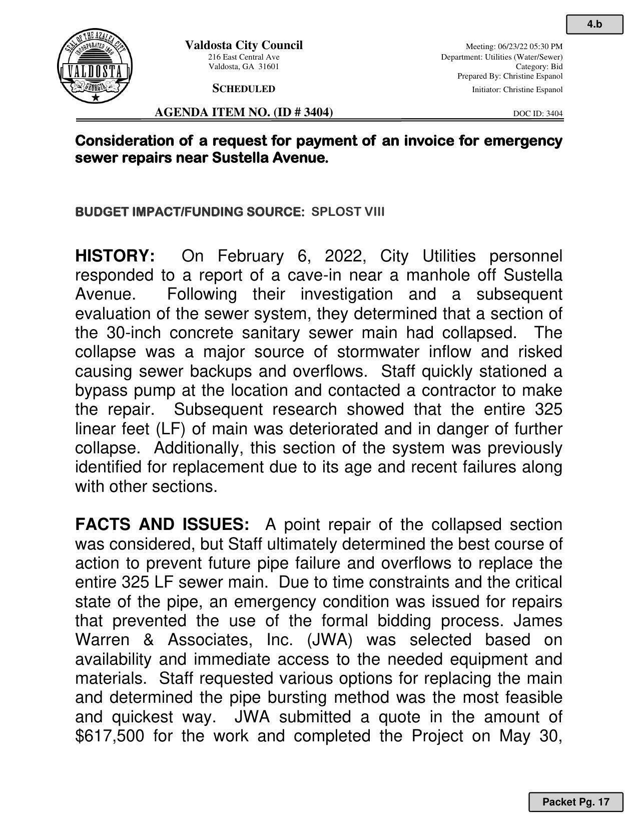 request for payment of an invoice for emergency sewer repairs near Sustella Avenue.