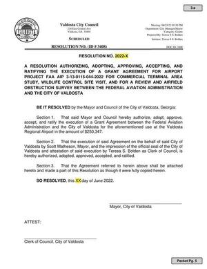 [Ordinance: authorize, adopt, approve, accept, and ratify the execution of a Grant Agreement between the Federal Aviation Administration and the City of Valdosta for the aforementioned use at the Valdosta Regional Airport in the amount of $250,347.]