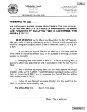 [The ordinance: A non-partisan Special Election for the City of Valdosta shall be held on the 8 th day of November, 2022 for the purpose of electing a Council person for District 3.]