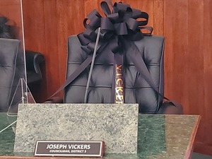 [Remembrance display at seat of Sonny Vickers]