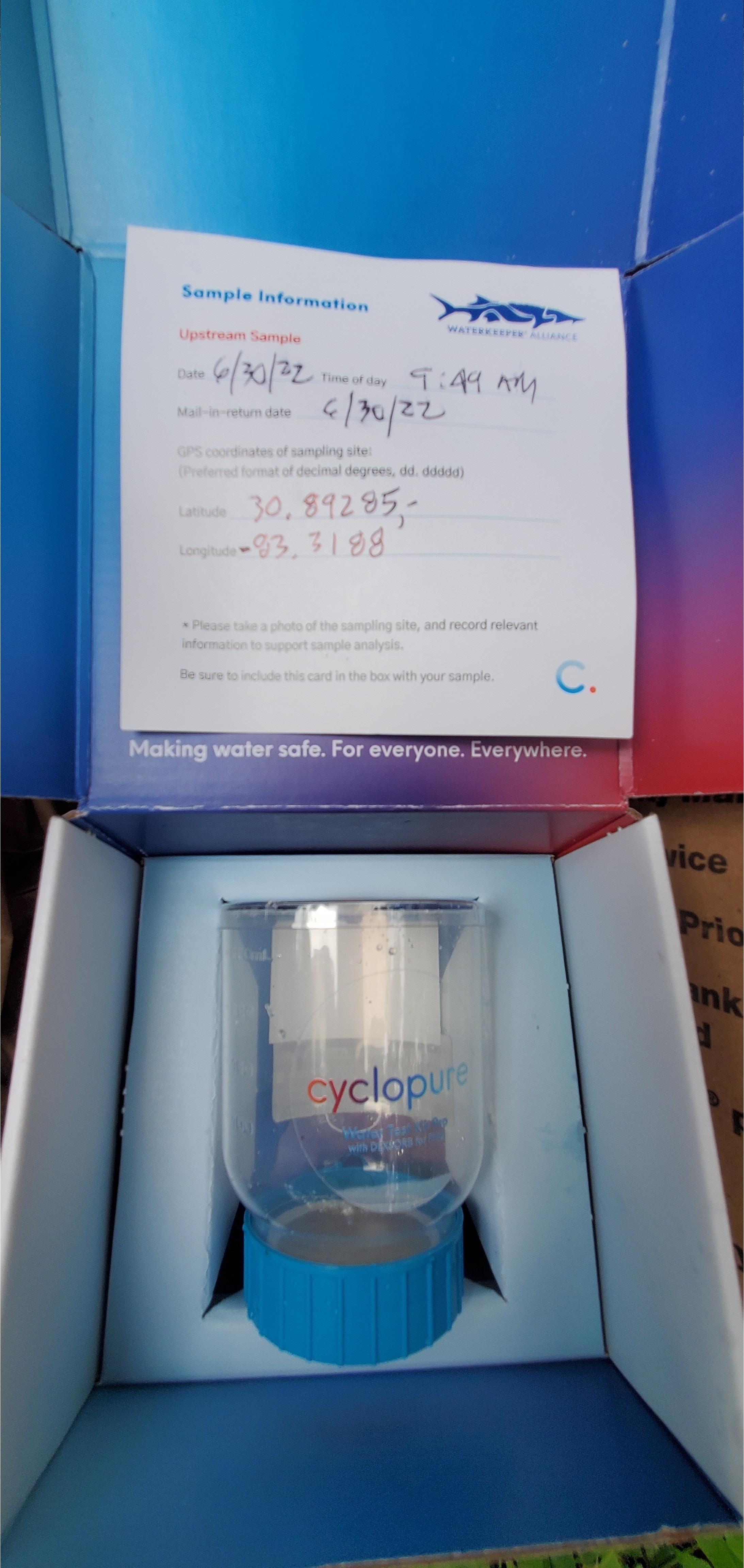 US 41 upstream PFAS sample in box, 10:11:15, 30.8932169, -83.3187486