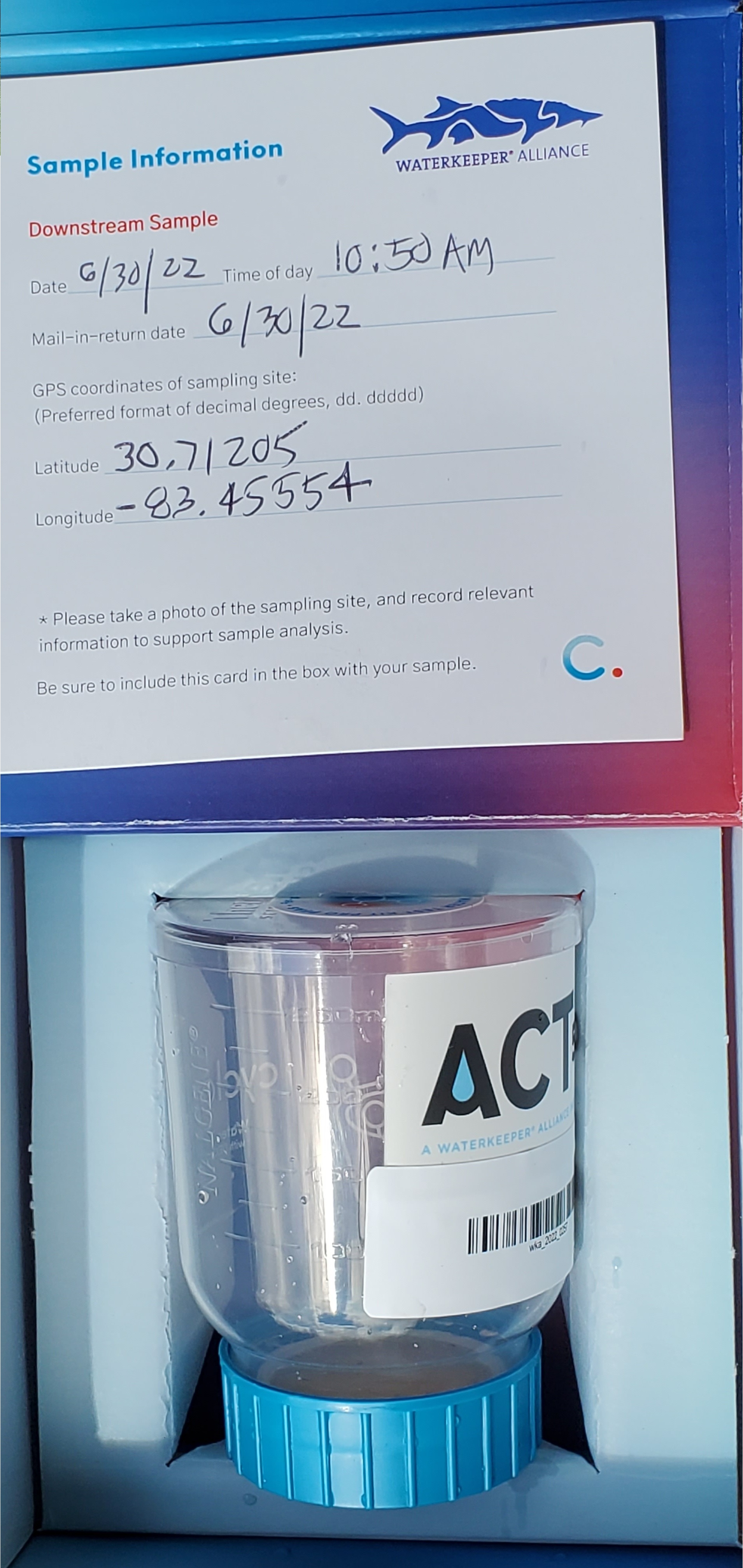 KFBR downstream PFAS sample, 11:07:46, 30.7124844, -83.4554859