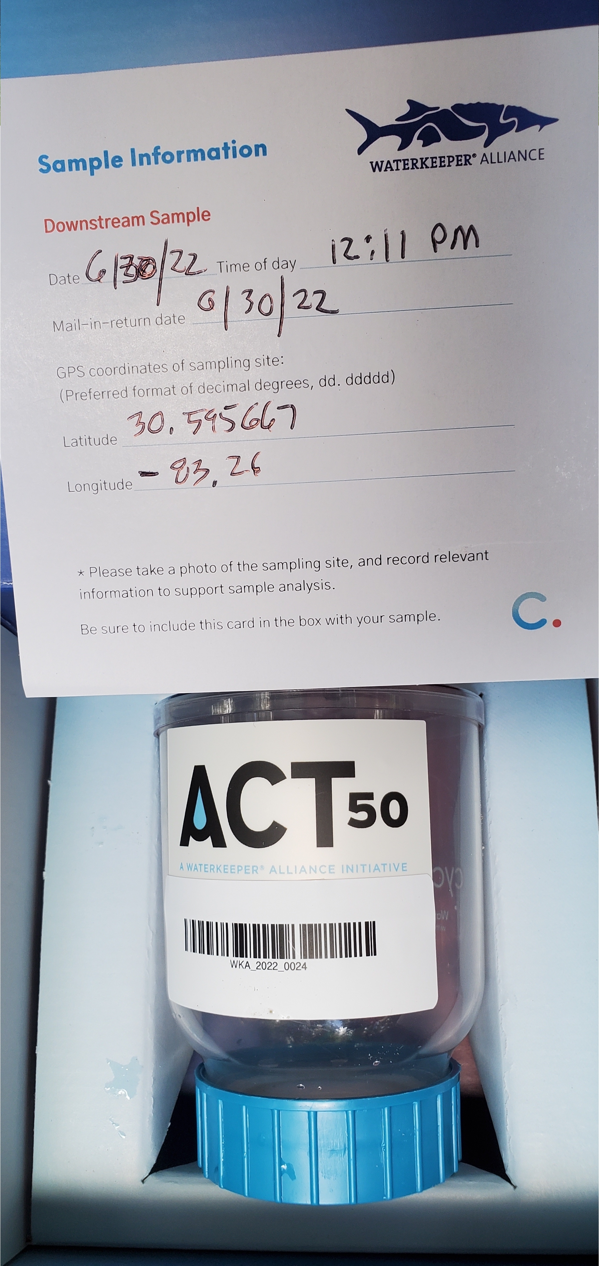 Downstream PFAS sample, Sullivan Launch, 12:38:29, 30.5957780, -83.2602470