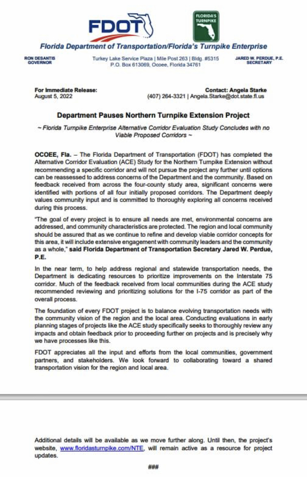 [FDOT Press Release Department Pauses Northern Turnpike Extension Project]