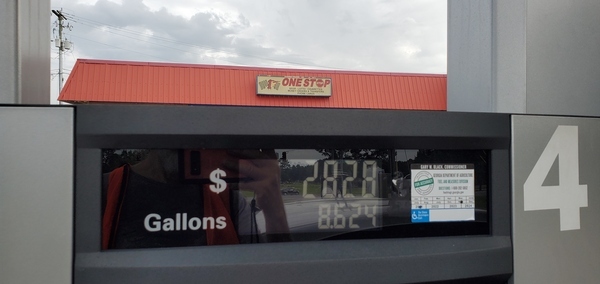 [$28.28 for 8.624 gallons of gas at One Stop, US 41 @ Val Del Road, 2022:08:11 09:45:41, 30.8957180, -83.3207830]