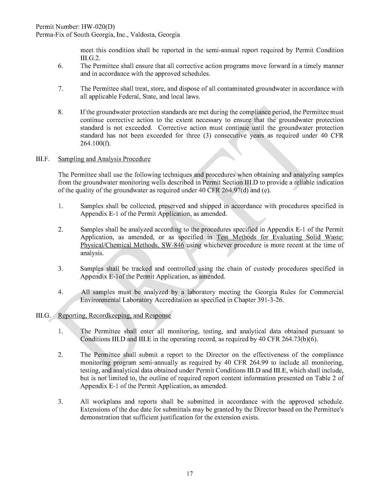 III.F. Sampling and Analysis Procedure; III.G. Reporting, Recordkeeping, and Response