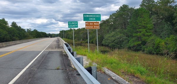 [PFC Don Manac Memorial Bridge, Suwannoochee Creek, GA 94, eastbound, 16:49:43, 30.6825795, -82.5843364]