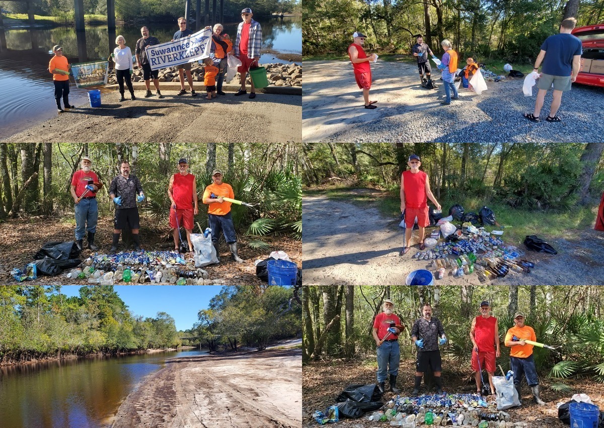 Banners, trash, and people at Berrien Beach Boat Ramp and Berrien Beach, Alapaha River 2022-09-24