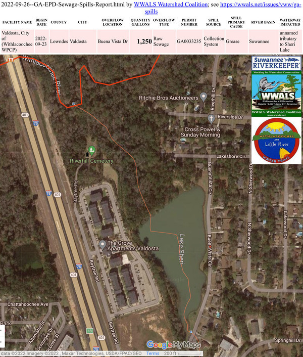 Report and map: Valdosta Lake Sheri sewage spill 2022-09-23