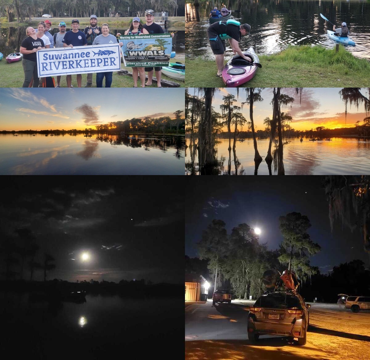 [Banners, paddlers, sunset, moonrise]