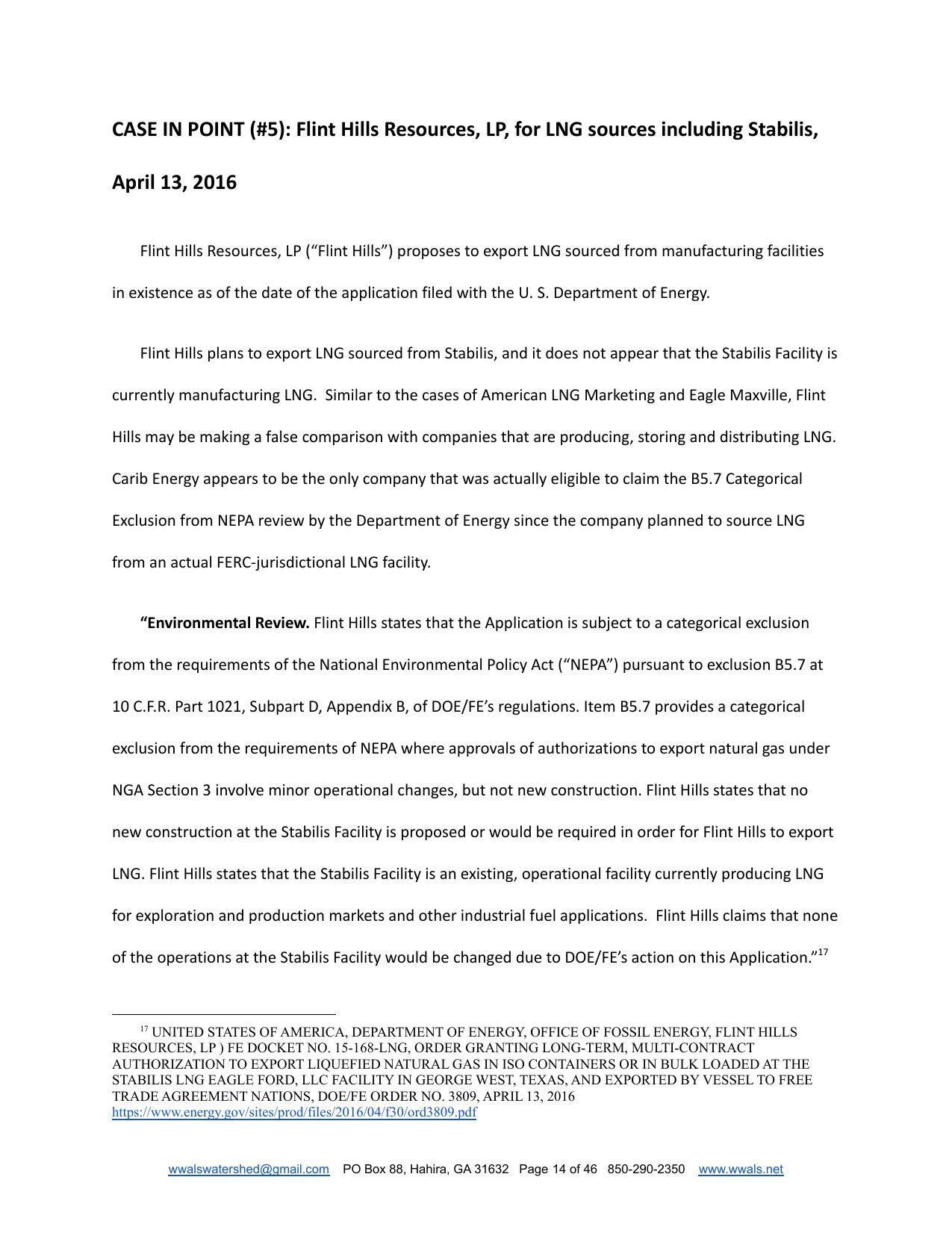 CASE IN POINT (#5): Flint Hills Resources, LP, for LNG sources including Stabilis, April 13, 2016