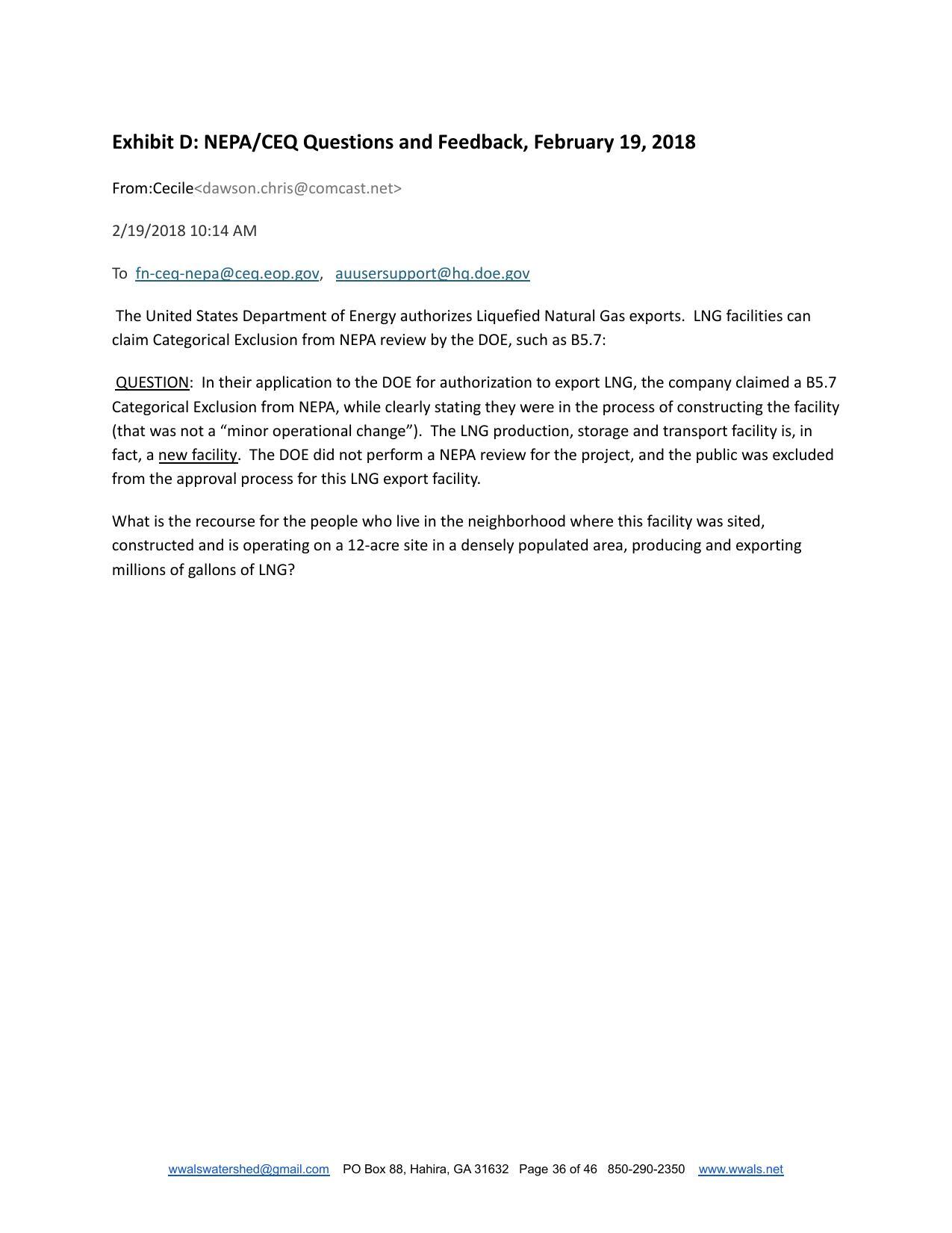 Exhibit D: NEPA/CEQ Questions and Feedback, February 19, 2018