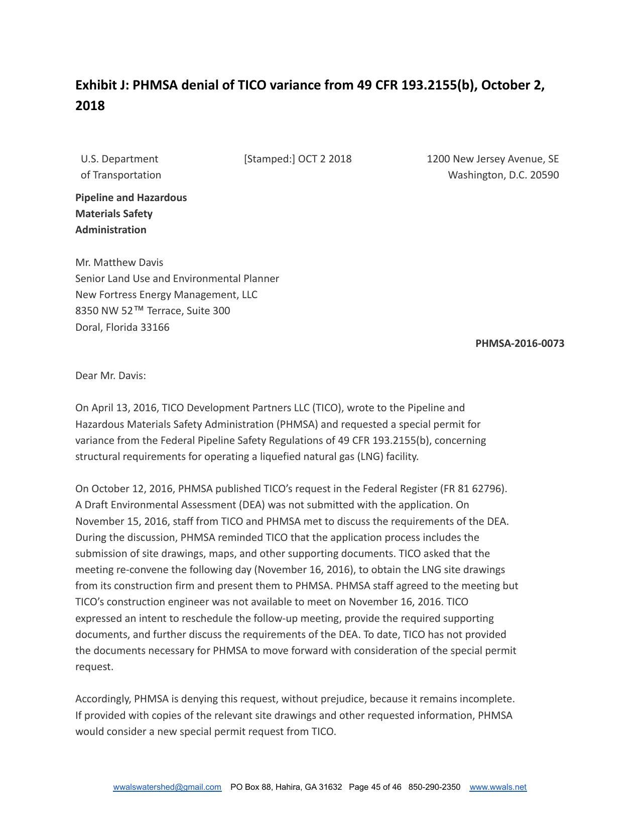 Exhibit J: PHMSA denial of TICO variance from 49 CFR 193.2155(b), October 2, 2018