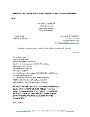 [Exhibit G: Guy Yudin & Foster, LLP to PHMSA Re: NFE Titusville, November 2, 2016]