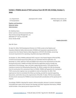 [Exhibit J: PHMSA denial of TICO variance from 49 CFR 193.2155(b), October 2, 2018]