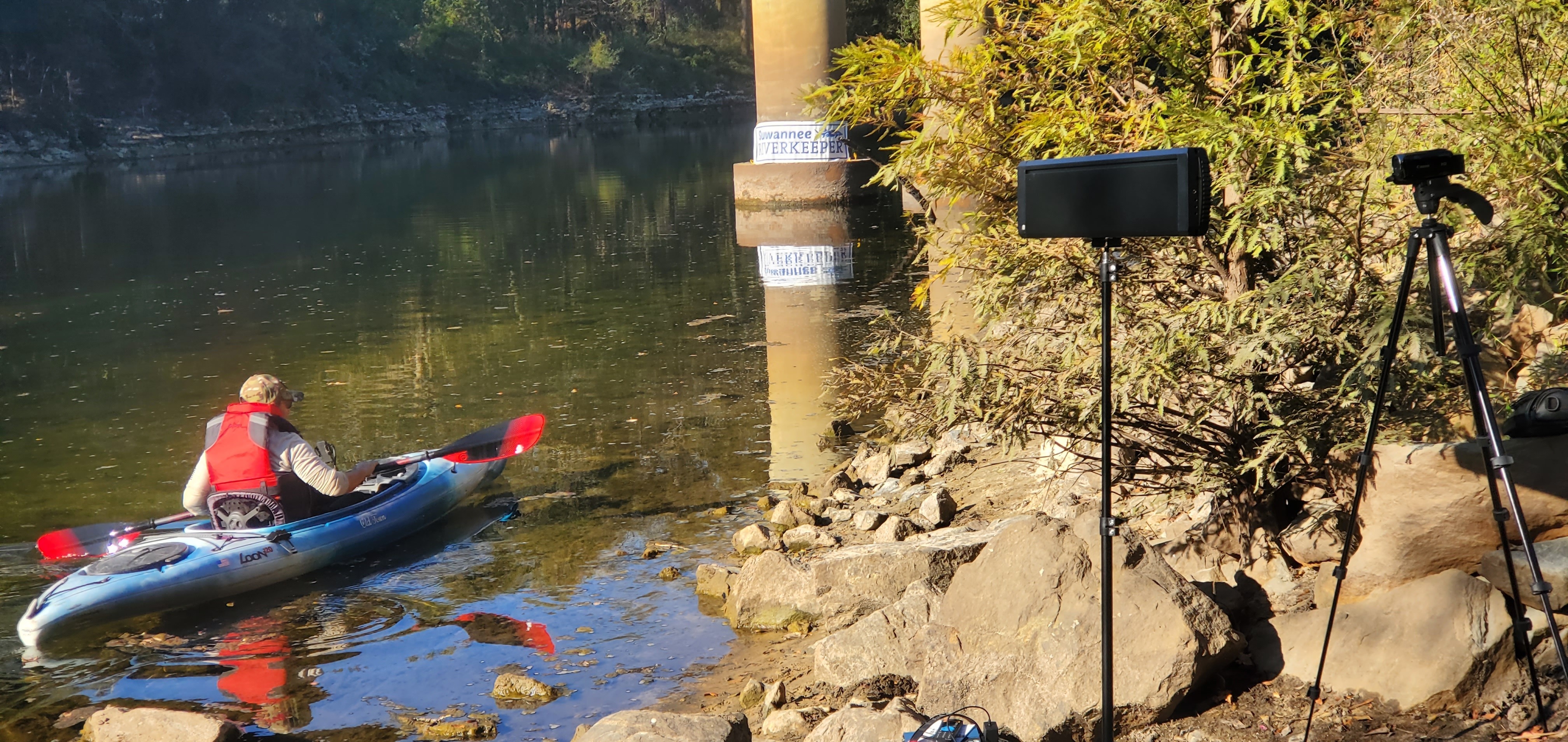 Russell McBride and Dan Phillips hung the Suwannee Riverkeeper banner, 09:53:53, 30.6356646, -83.3112311