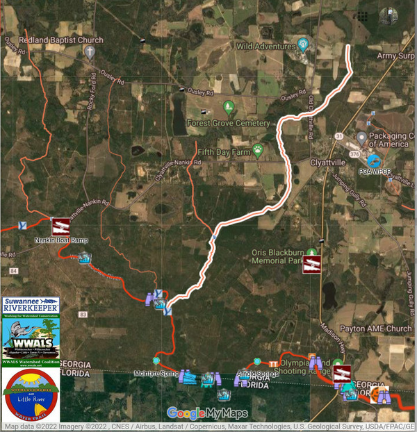 [Map: Wild Adventures, Clyatt Mill Creek, Withlacoochee River, in WLRWT map]