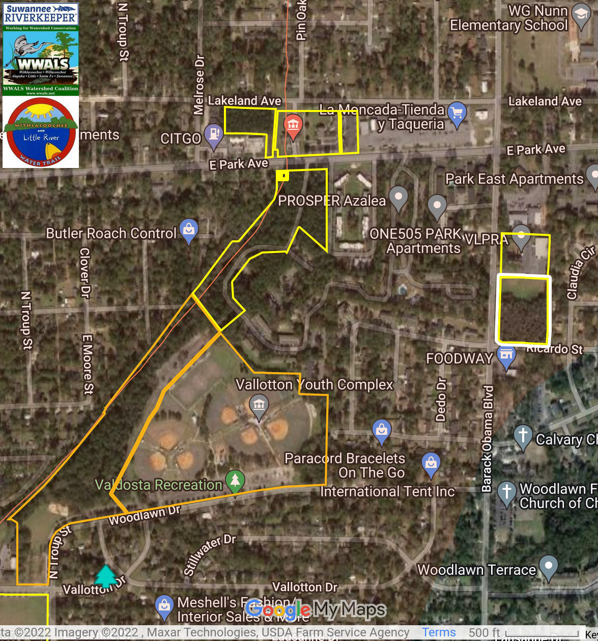 Map- two-acre tract below VLPRA HQ, east of Vallotton Park and One Mile Branch