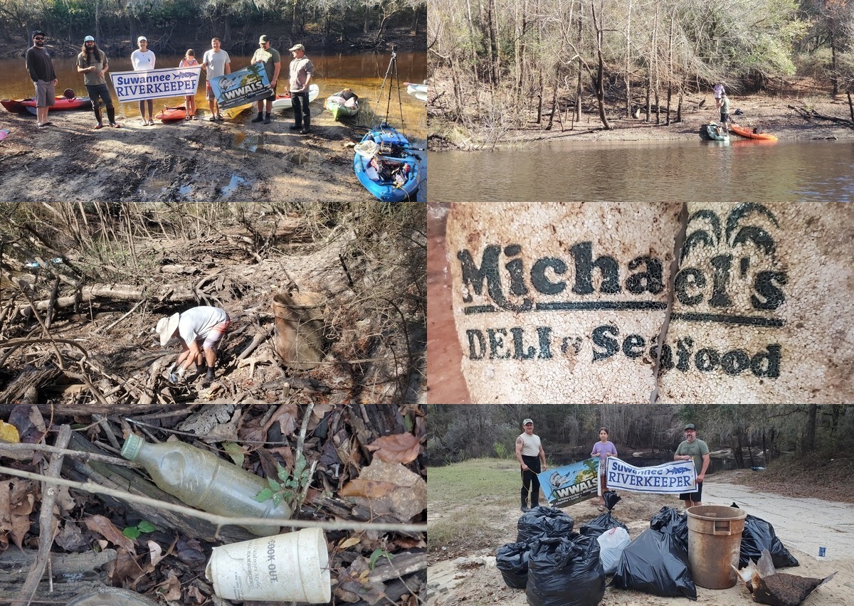 Banners, trash, river