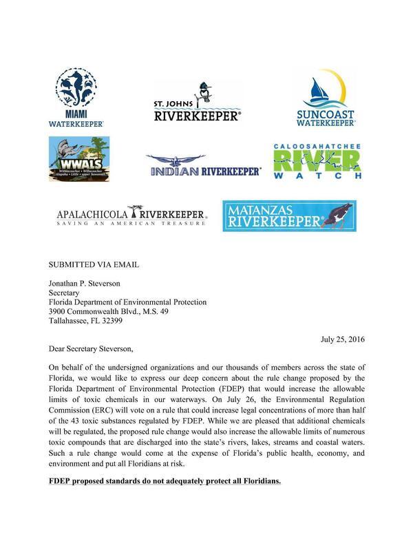 [our deep concern about the rule change proposed by the Florida Department of Environmental Protection (FDEP) that would increase the allowable limits of toxic chemicals in our waterways.]