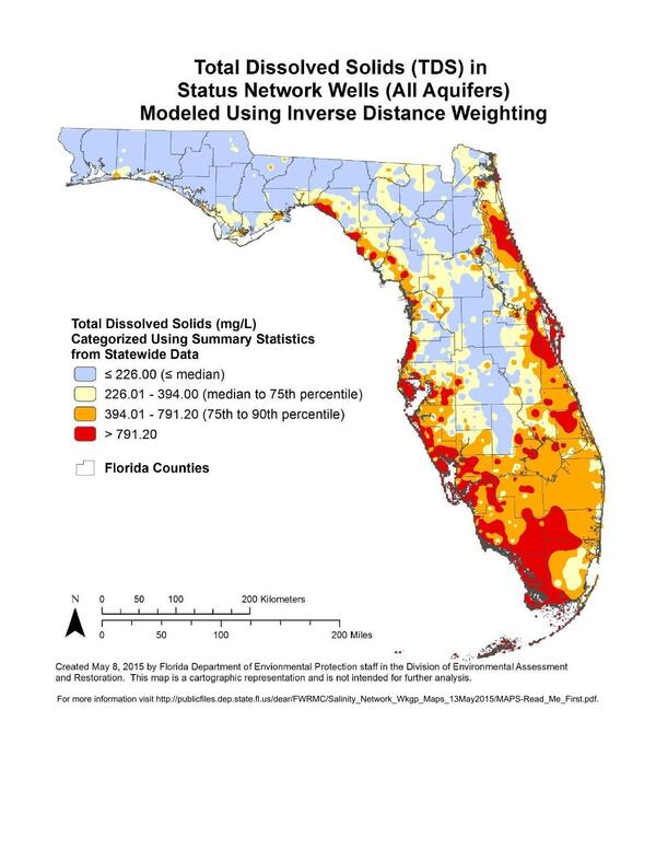 [Total Dissolved Solids (TDS) in Status Network Wells (All Aquifers) Modeled Using Inverse Distance Weighting, in Florida Well Salinity Study, by FL-DEP, 13 July 2015]