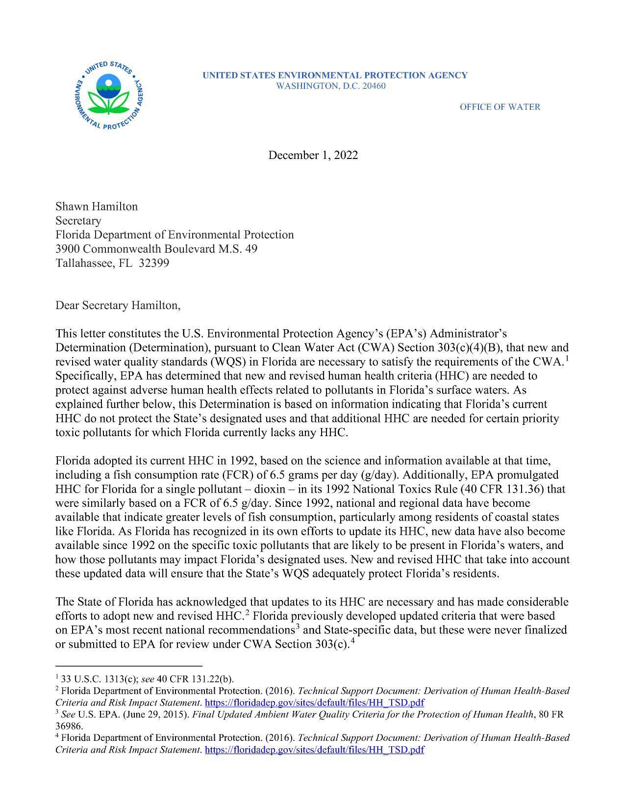 pursuant to Clean Water Act (CWA) Section 303(c)(4)(B), that new and revised water quality standards (WQS) are necessary to satisfy the requirements of the CWA.