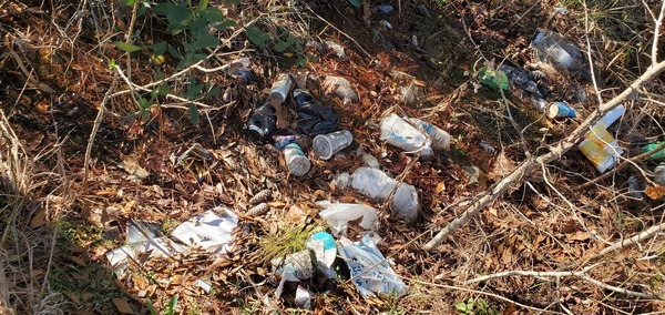 Trash at entrance road, US 41, Withlacoochee River, 2023:01:06 15:49:33, 30.8942590, -83.3196887