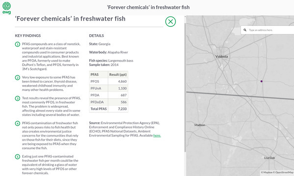 [Map and data: PFAS in fish in Alapaha River --EWG 2023-01-17]