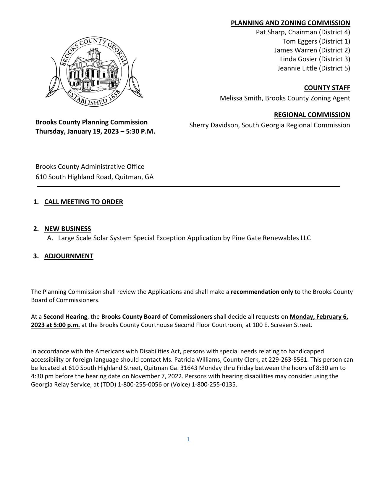 Agenda, Brooks County Planning Commission 2023-01-19