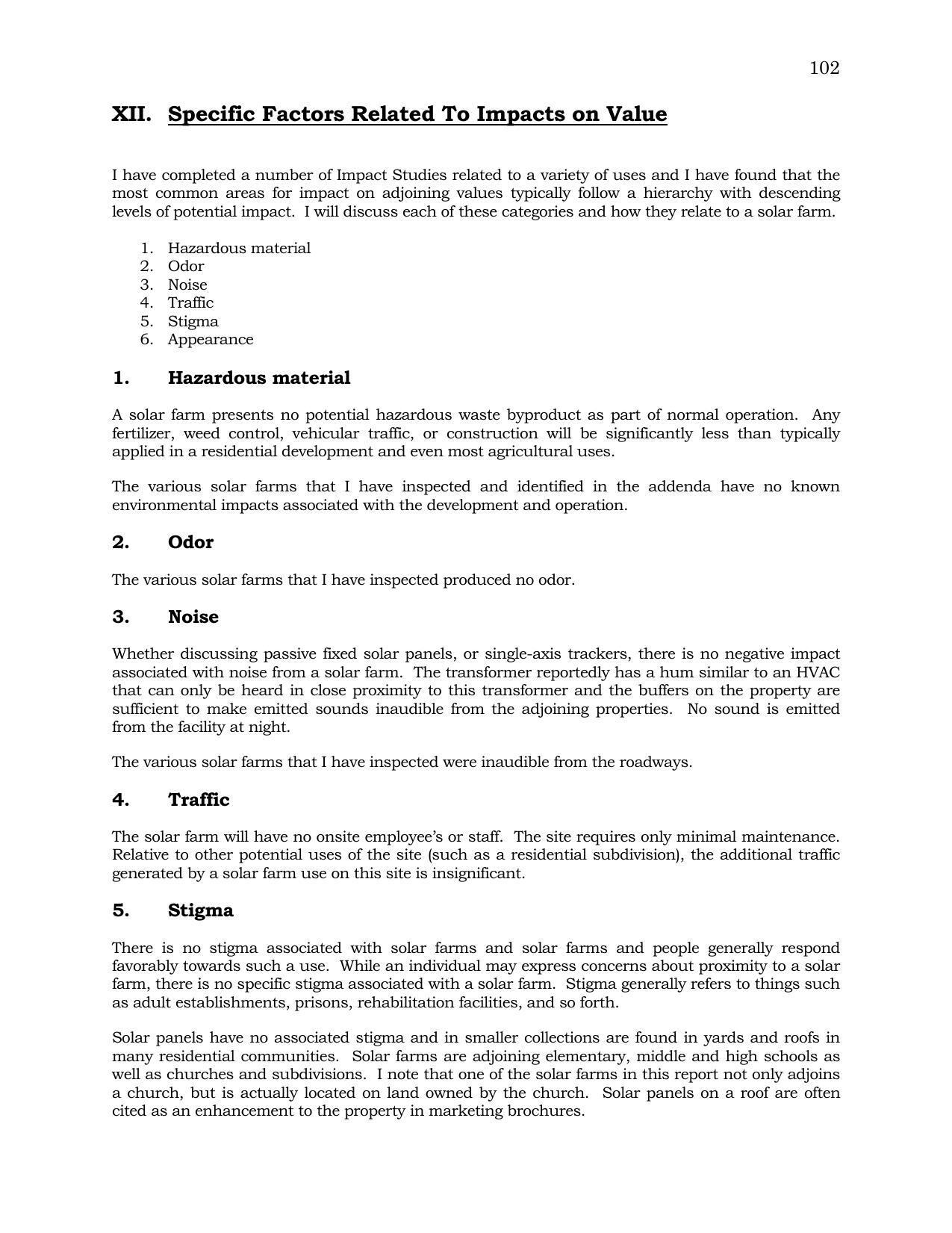 XII. Specific Factors Related To Impacts on Value