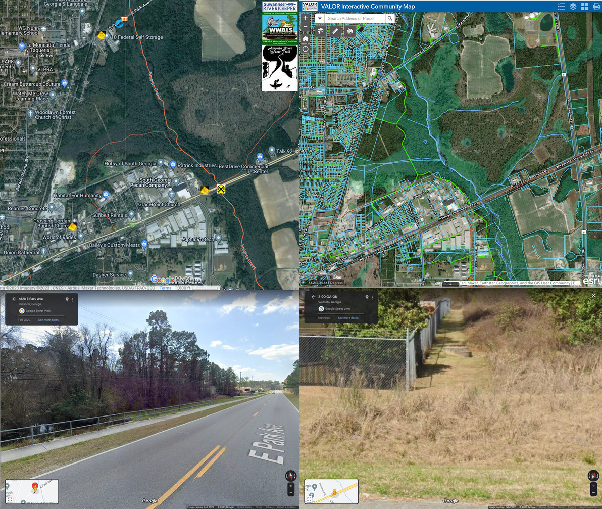 VALORGIS and ARWT maps, E. Park Ave., US 84, Valdosta sewage spill 2023-02-15