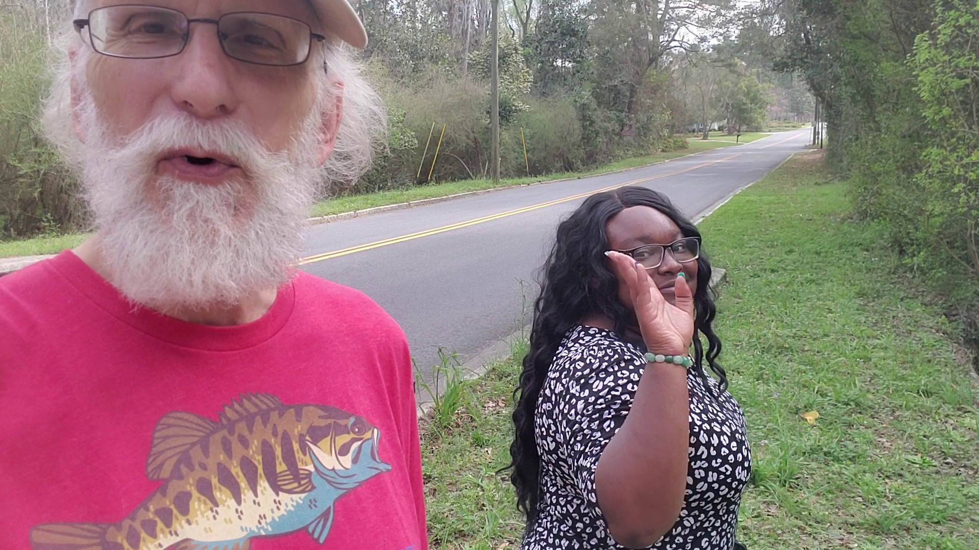 VDT reporter Malia Thomas and Suwannee Riverkeeper John S. Quarterman, Two Mile Branch, Berkley Drive, 14:42:58, 30.8634340, -83.3019160