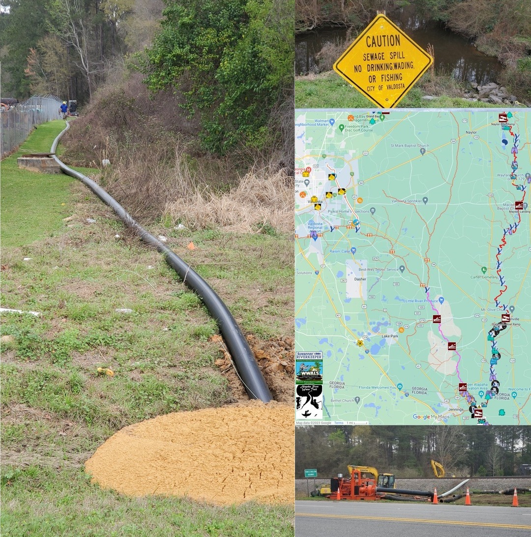 [Bypass pipe north from US 84, Warning sign on E. Park Av. at Knights Creek, ARWT map to Alapaha River, Sewer bypass under CSX RR at US 84]