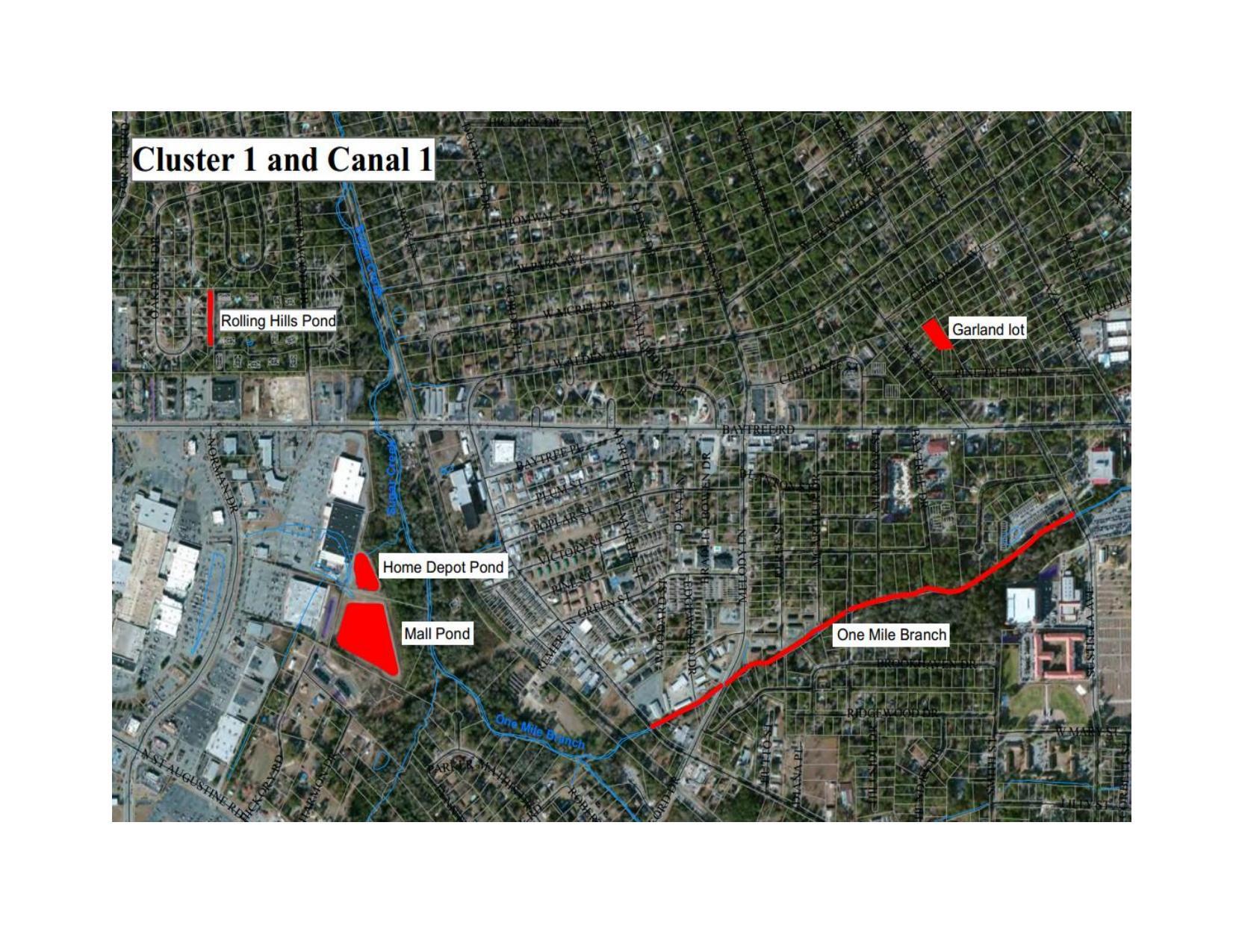 Cluster 1 and Canal 1: Home Depot POnd, Mall Pond, Rolling Hills Pond, Sugar Creek; Garland Lot, One Mile Branch