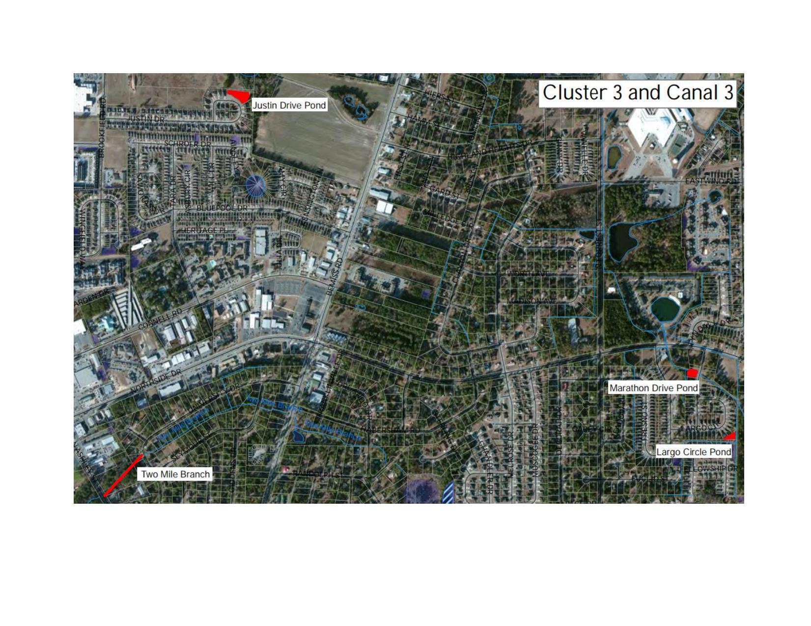 Cluster 3 and Canal 3: Justin Drive Pond, Cherry Creek; Marathon Drive Pond, Largo Circle Pond, Knights Creek; Two Mile Branch