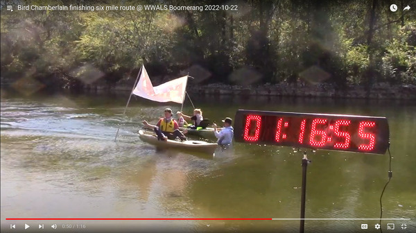 [1:16:55 Bird Chamberlain winning First Prize at WWALS Boomerang paddle race 2022]