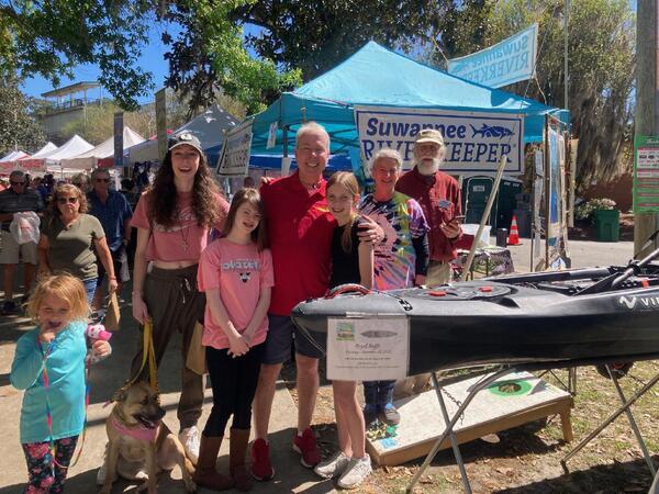 [Valdosta Mayor Scott James Matheson, Vibe Sea Ghost 130 raffle kayak, WWALS E.D. Gretchen Quarterman and Suwannee Riverkeeper]